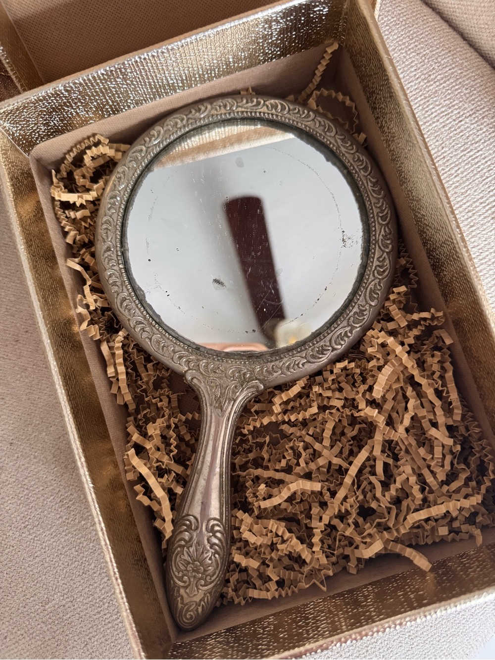 Vintage Silver Plated Victorian Style Vanity Hand Mirror Ornate Floral